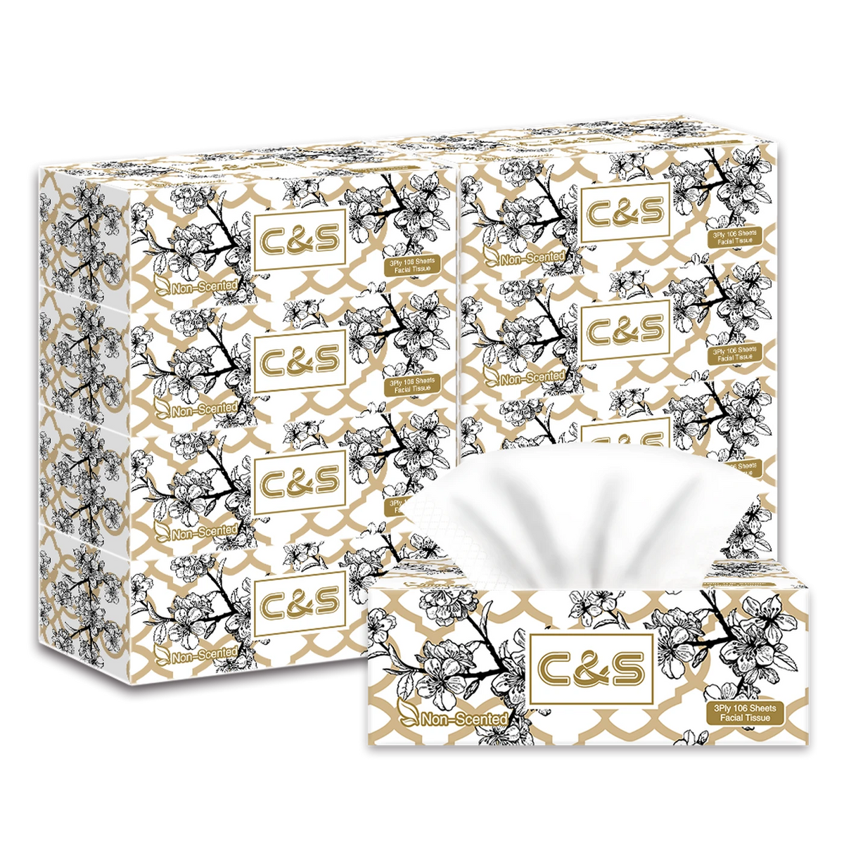 C&S Jierou Soft & Skin-Friendly Boxed Facial Tissue， 3-Ply， 424 Sheets (4 Boxes*106 Sheets)