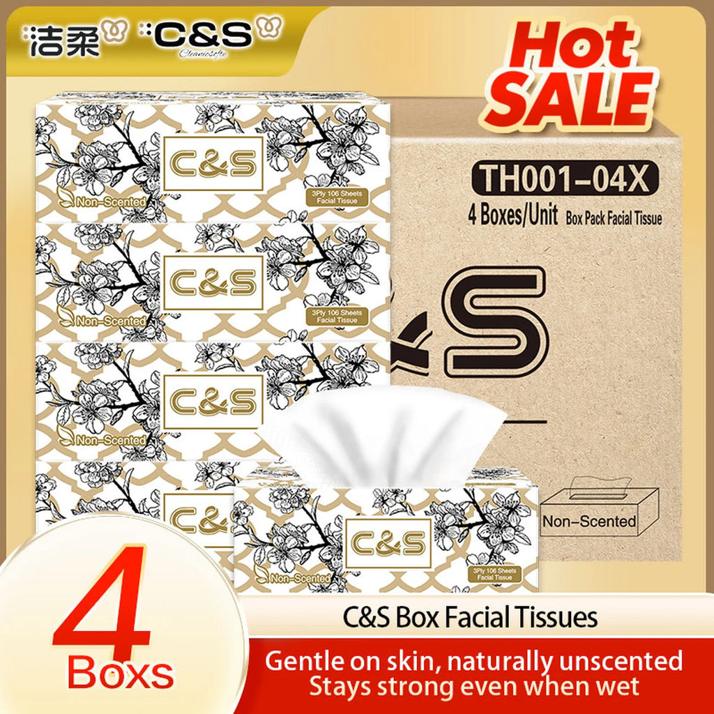 C&S Jierou Soft & Skin-Friendly Boxed Facial Tissue， 3-Ply， 424 Sheets (4 Boxes*106 Sheets)