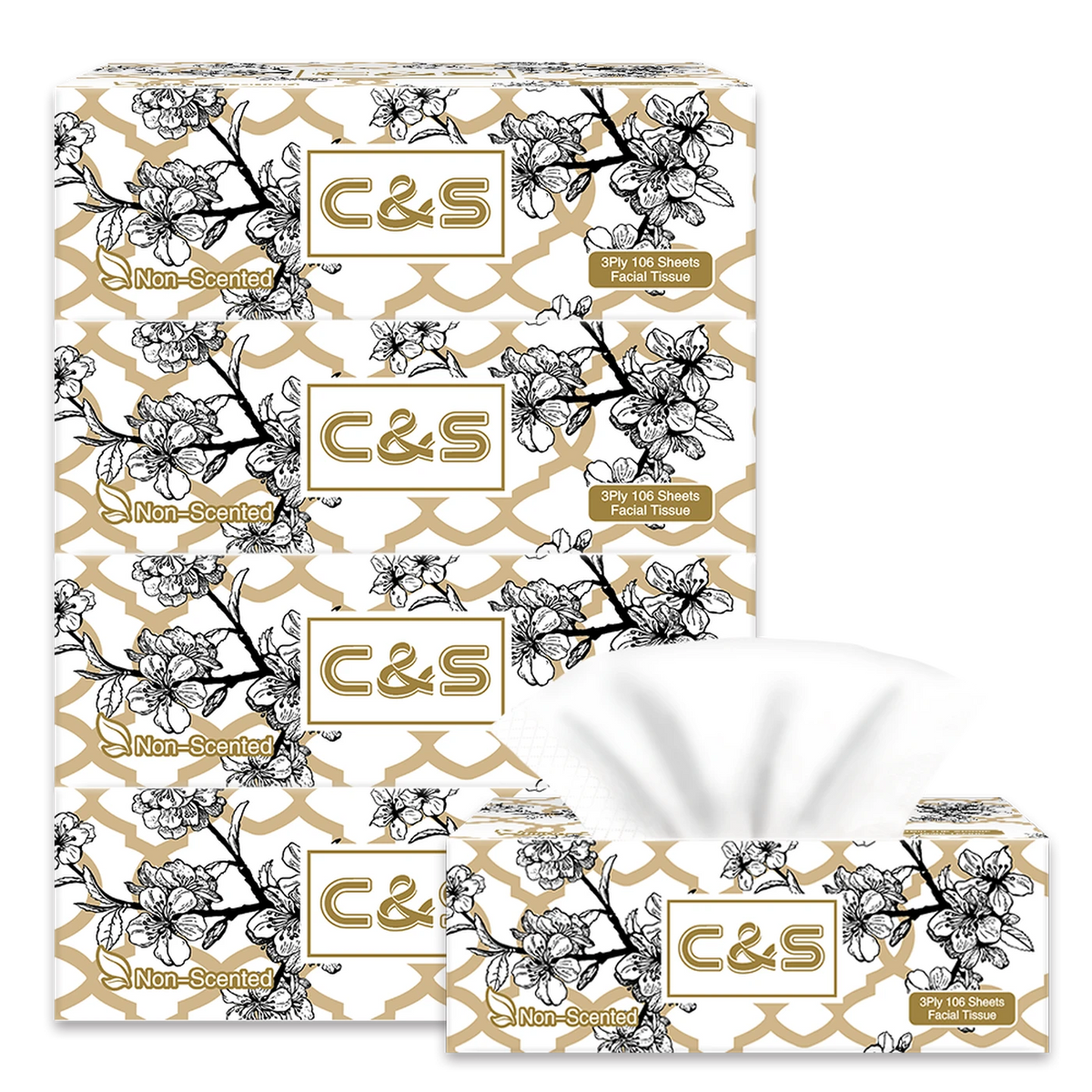 C&S Jierou Soft & Skin-Friendly Boxed Facial Tissue， 3-Ply， 424 Sheets (4 Boxes*106 Sheets)