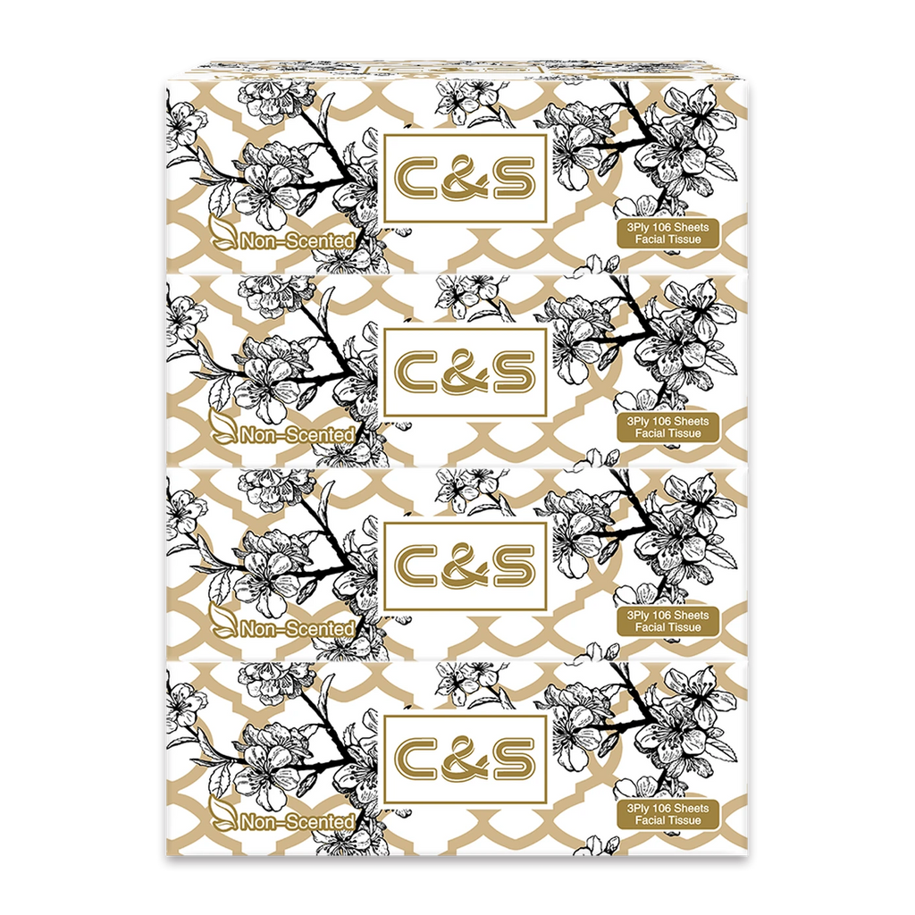 C&S Jierou Soft & Skin-Friendly Boxed Facial Tissue， 3-Ply， 424 Sheets (4 Boxes*106 Sheets)