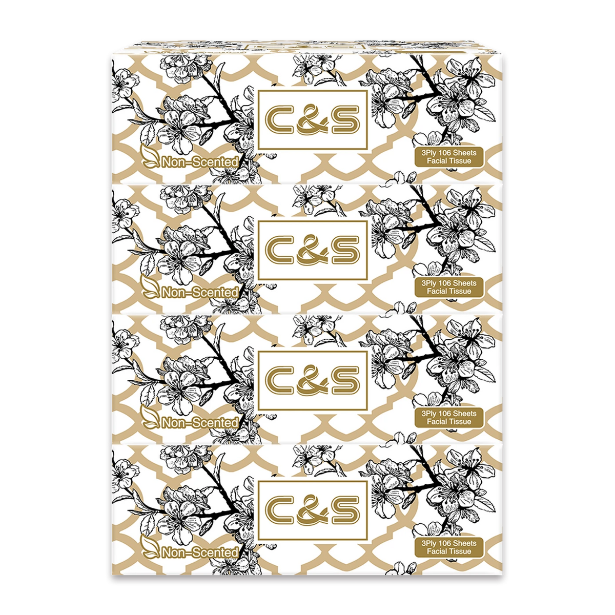 C&S Jierou Soft & Skin-Friendly Boxed Facial Tissue， 3-Ply， 424 Sheets (4 Boxes*106 Sheets)