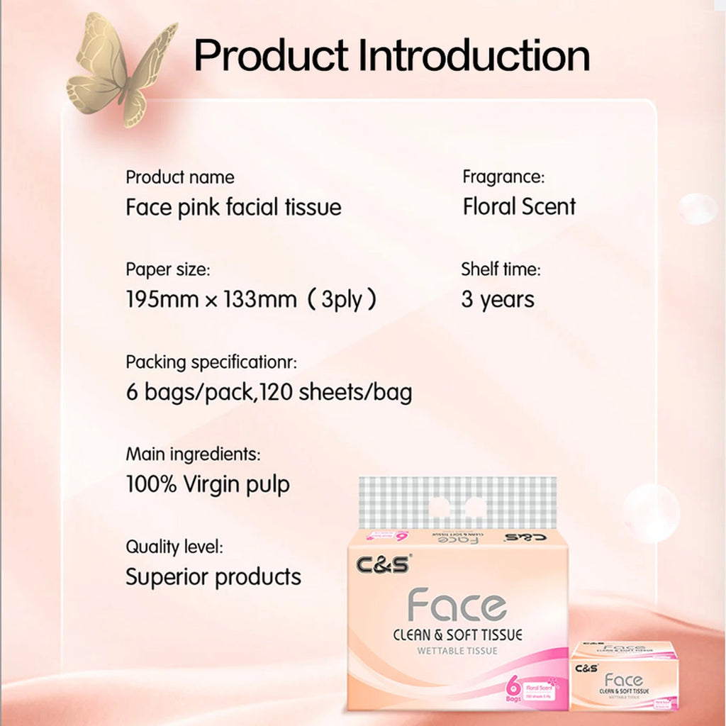 【Back-to-School】C&S Facial Tissues， Floral Scent，3-Ply， 720 Sheets (120 Sheets * 6 Packs)， Family Sharing Pack， Economical