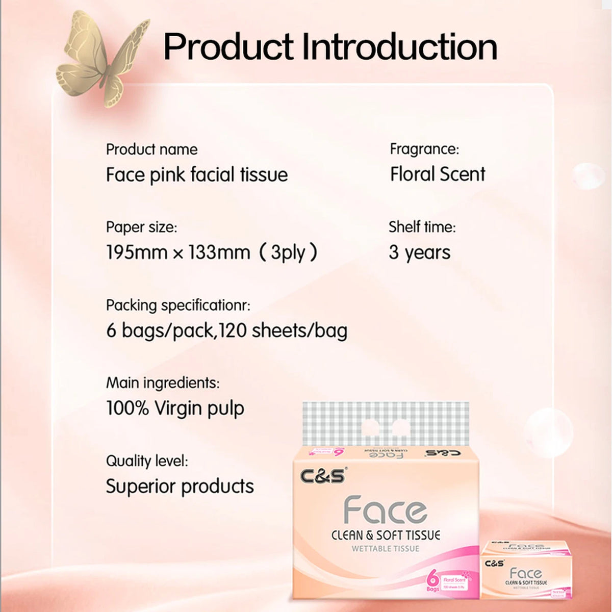 【Back-to-School】C&S Facial Tissues， Floral Scent，3-Ply， 720 Sheets (120 Sheets * 6 Packs)， Family Sharing Pack， Economical