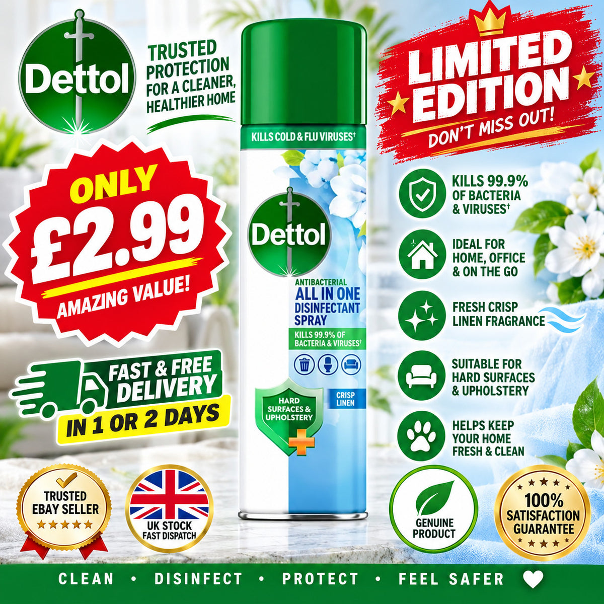 Dettol All-In-One Disinfectant Spray, Crisp Linen, 300ml